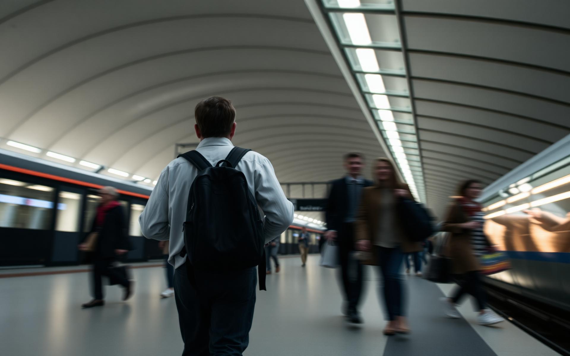 Uma pessoa atravessando uma estação de trem moderna ao amanhecer